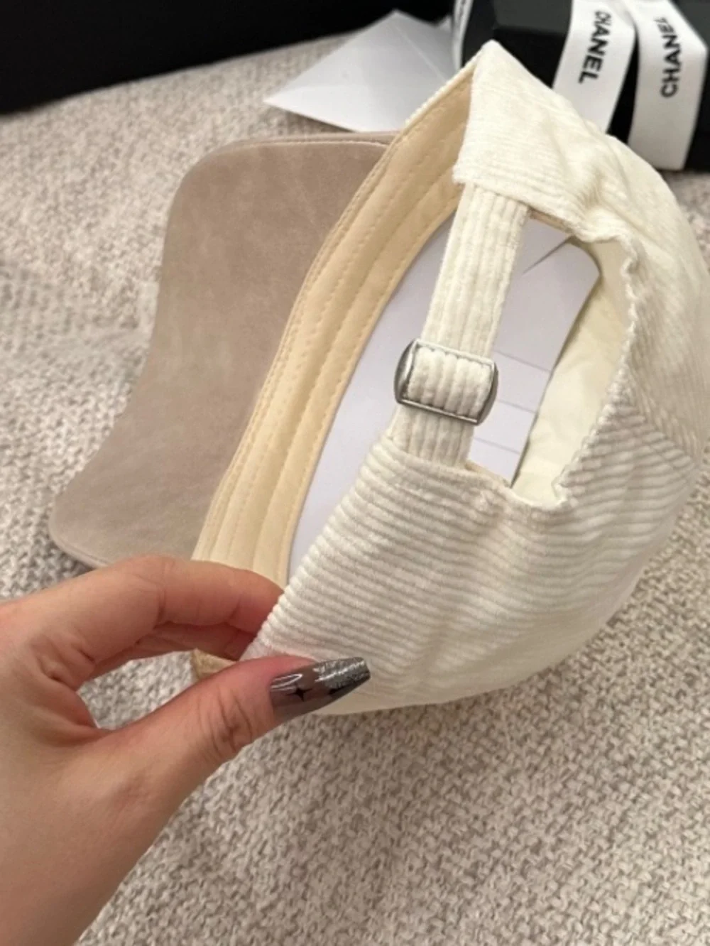 Celine. Off White Corduroy Triomphe. Baseball Hat Cap